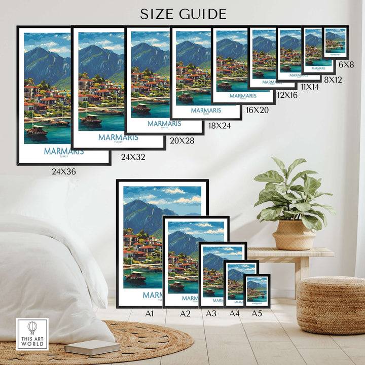 Size guide for Marmaris Coast Poster art prints in various dimensions, showcasing Mediterranean town decor options.