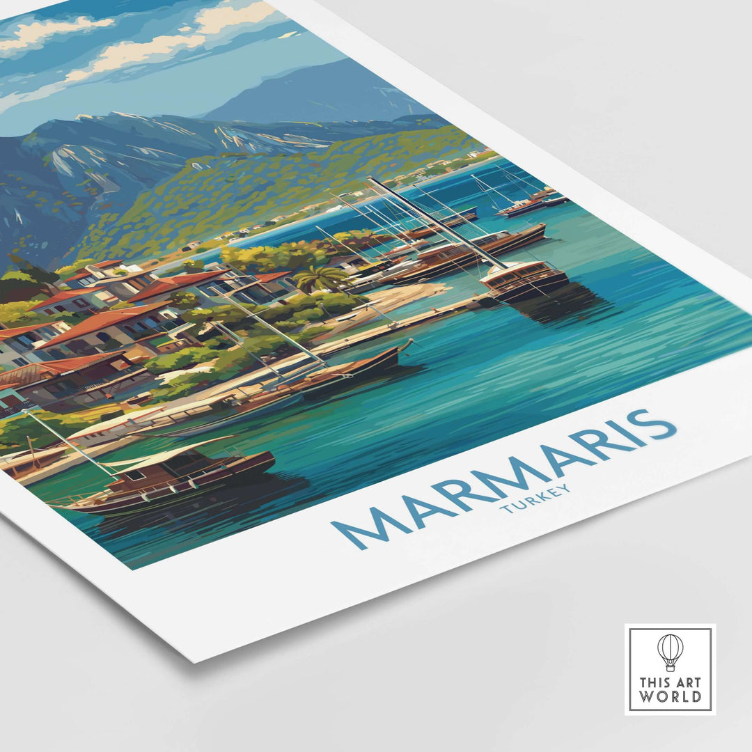 Marmaris Coast poster featuring Mediterranean town with blue waters and boats, ideal for wall decor.