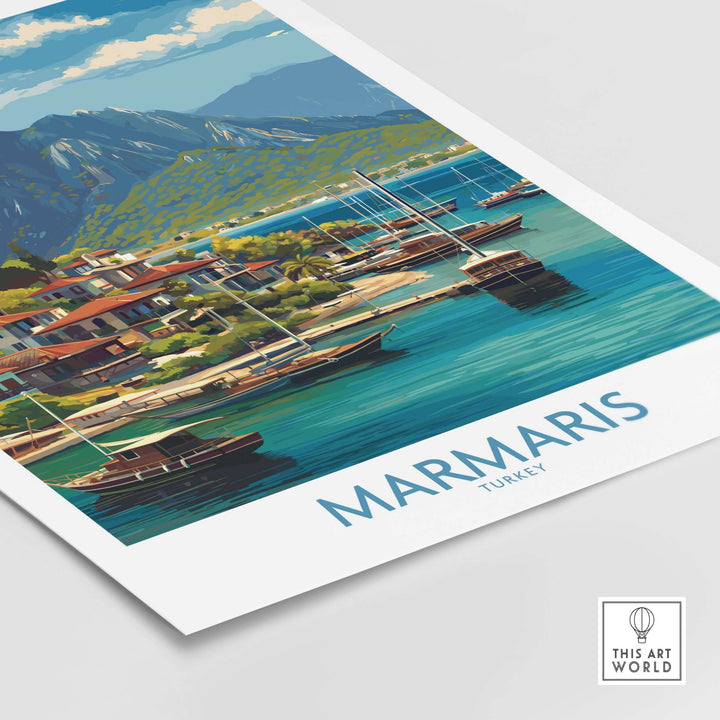 Marmaris Coast poster featuring Mediterranean town with blue waters and boats, ideal for wall decor.