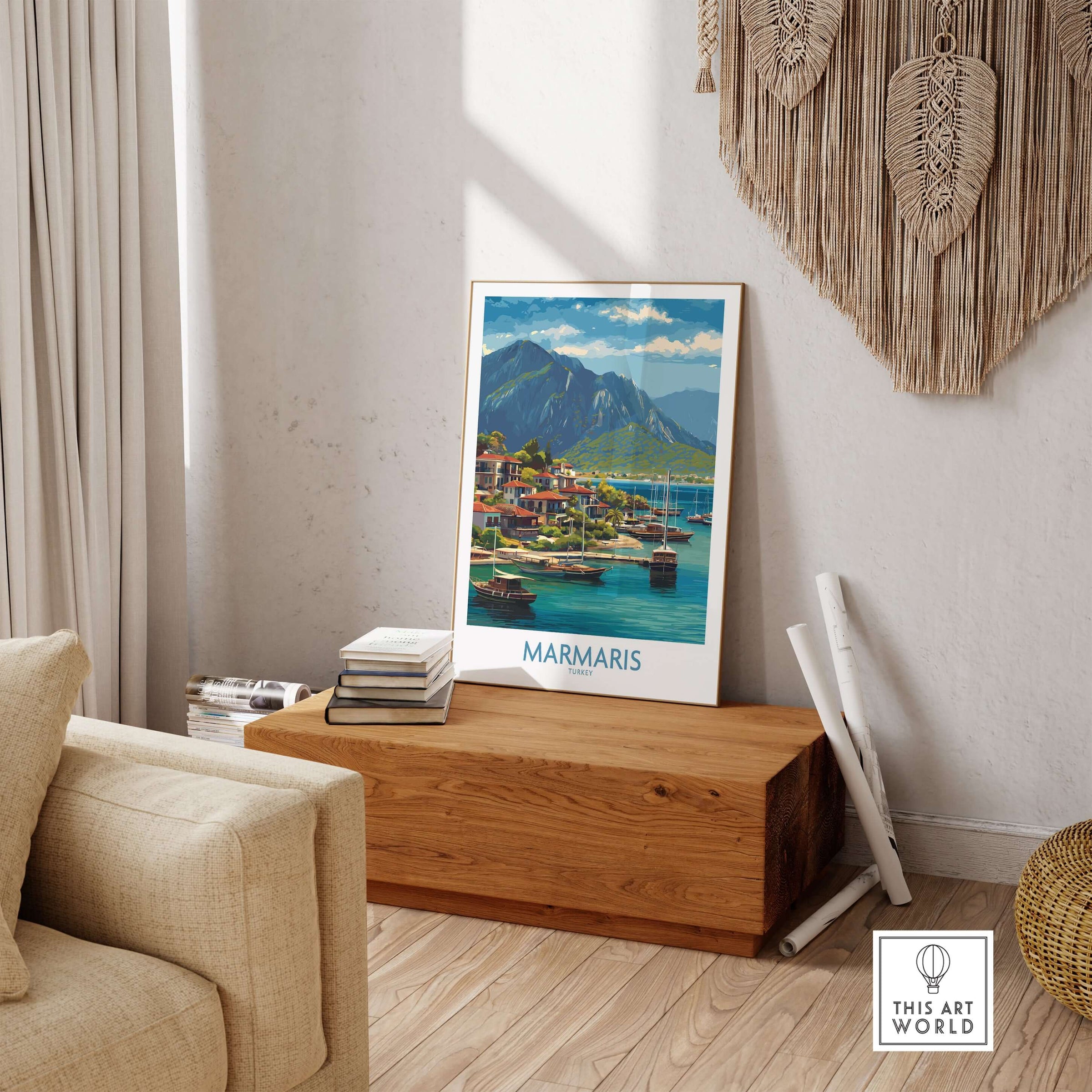 Marmaris Coast Poster - Turkish Riviera Art Print - Mediterranean Town Wall Decor shown in a cozy living room setting.