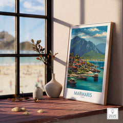 Marmaris Coast Poster - Turkish Riviera Art Print - Mediterranean Town Wall Decor displayed in a sunlit room by the beach.