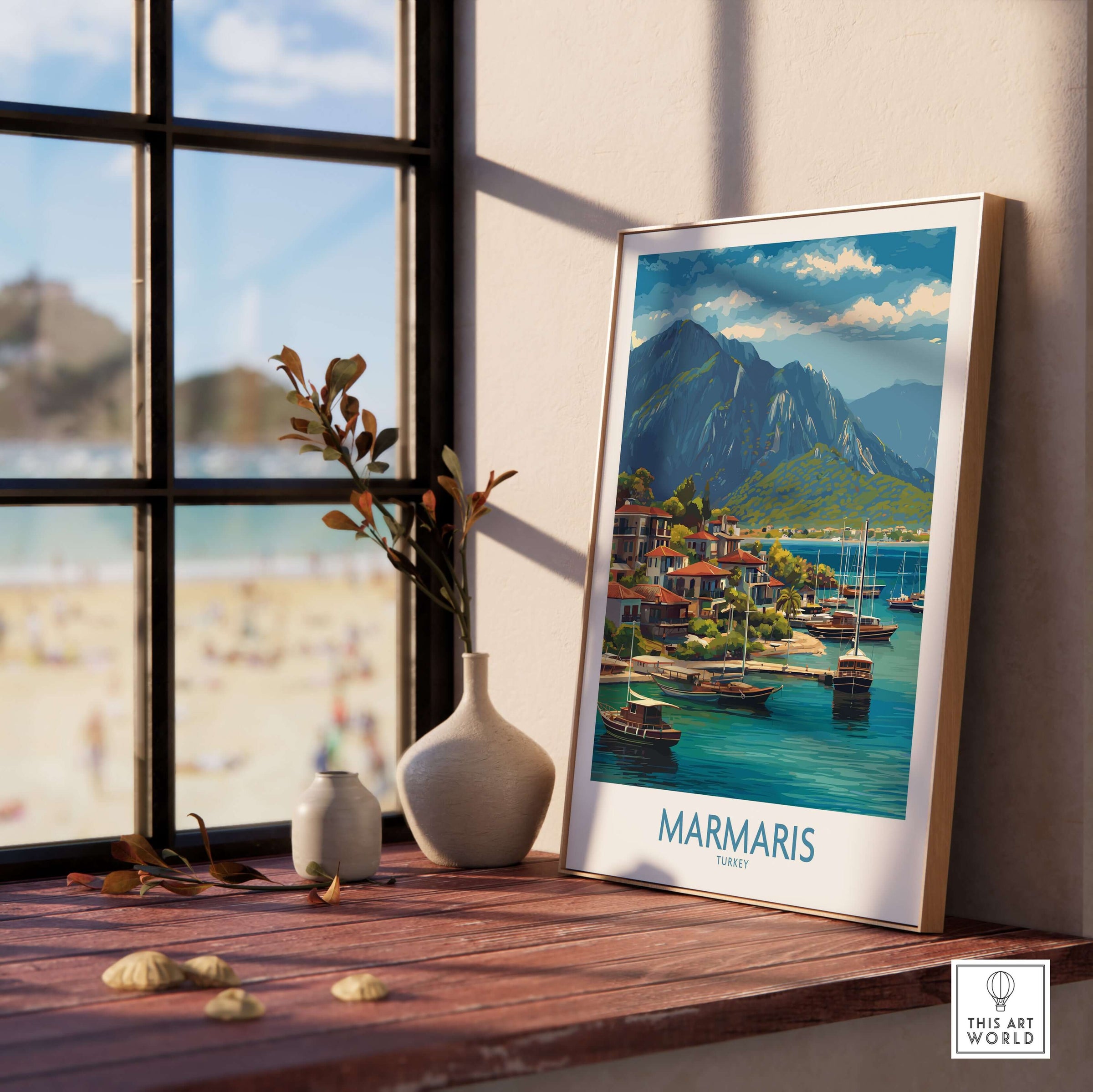 Marmaris Coast Poster - Turkish Riviera Art Print - Mediterranean Town Wall Decor displayed in a sunlit room by the beach.