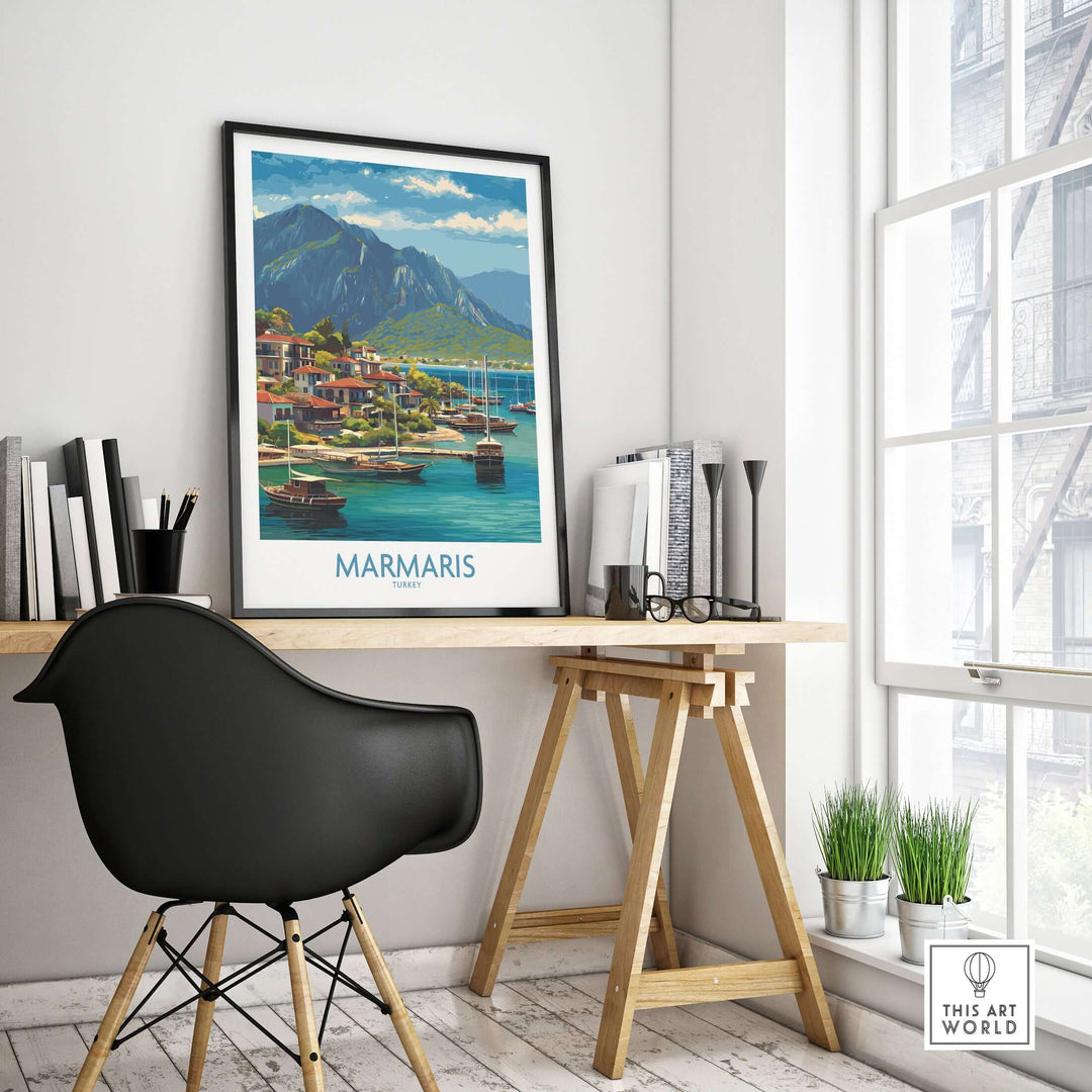 Marmaris Coast poster art print displayed in a modern workspace, showcasing vibrant Mediterranean scenery.