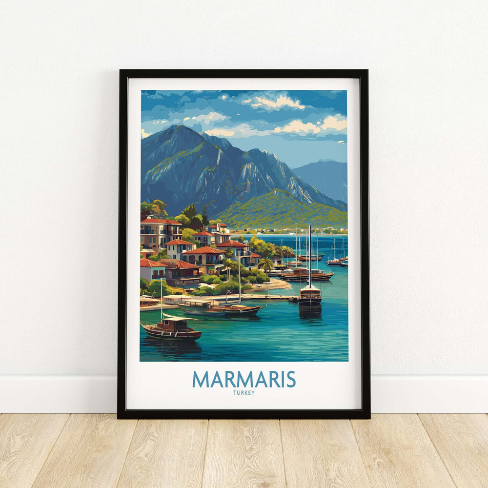 Marmaris Coast poster art print featuring a Mediterranean town and mountains, perfect for coastal decor.