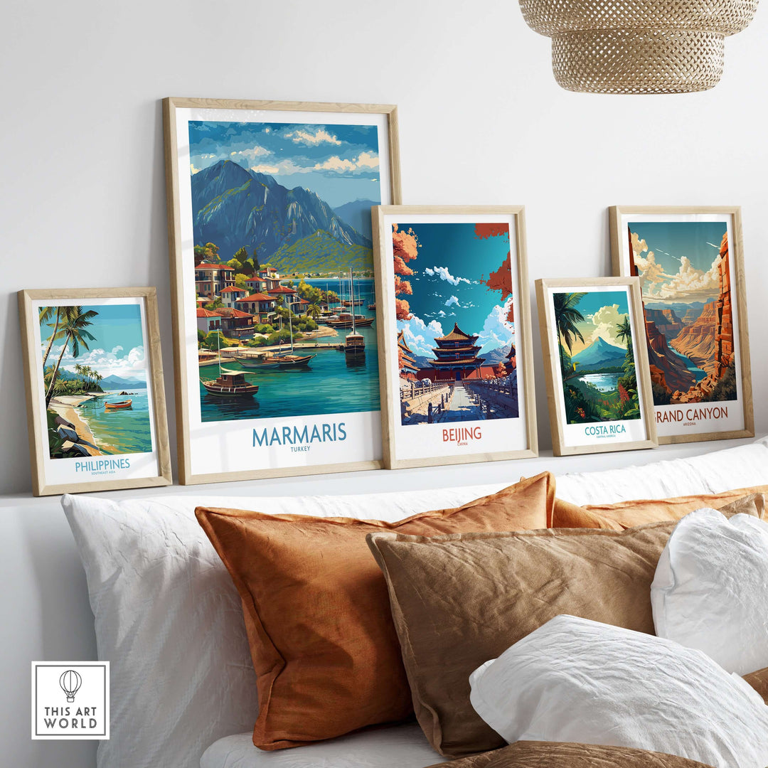Framed art prints of Marmaris, Beijing, Costa Rica, Grand Canyon, and Philippines on a cozy sofa backdrop.