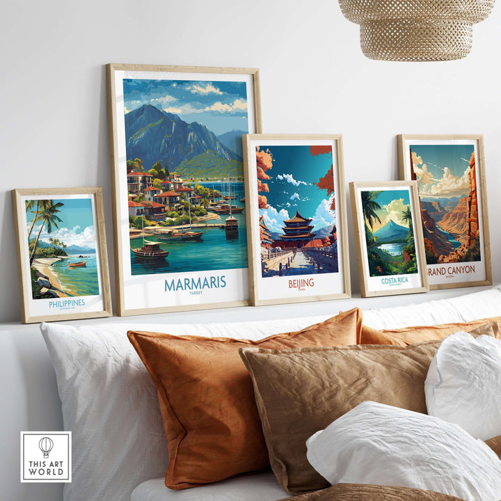 Framed art prints of Marmaris, Beijing, Costa Rica, Grand Canyon, and Philippines on a cozy sofa backdrop.