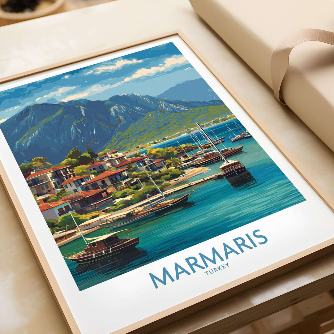 Marmaris Coast poster featuring vibrant Mediterranean town and boats, perfect for wall decor in coastal-themed spaces.