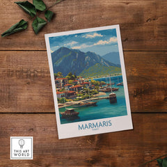 Marmaris Coast Poster - Turkish Riviera Art Print - Mediterranean Town Wall Decor on wooden background.