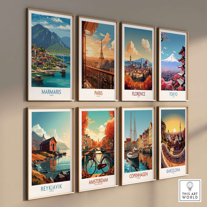 Collection of vibrant city art prints including Marmaris, Paris, Florence, Tokyo, Reykjavik, Amsterdam, Copenhagen, and Barcelona.