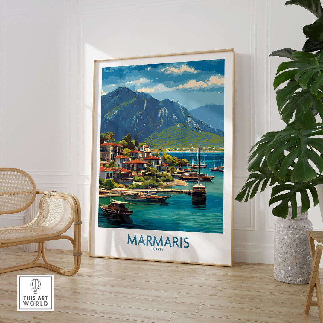 Marmaris Coast poster art print showcasing a Mediterranean town with boats and mountains, perfect for coastal wall decor.