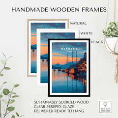 Marmaris Marina Poster - Turkish Sunset Travel Print - Yacht Wall Art displayed in handmade wooden frames in natural, white, and black finishes.