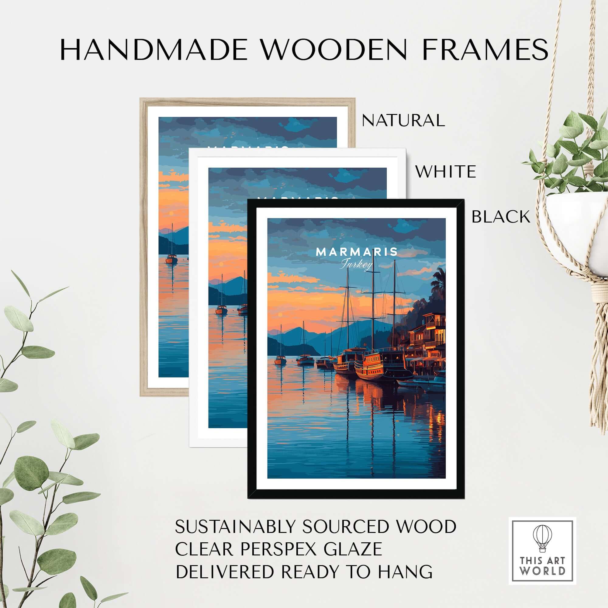 Marmaris Marina Poster - Turkish Sunset Travel Print - Yacht Wall Art displayed in handmade wooden frames in natural, white, and black finishes.