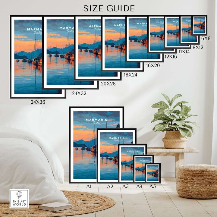 Size guide for Marmaris Marina poster prints in various dimensions and a cozy room setting.