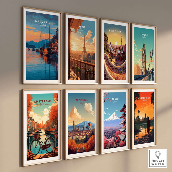 Collection of vibrant travel posters featuring iconic cities like Marmaris and Paris in stylish frames.