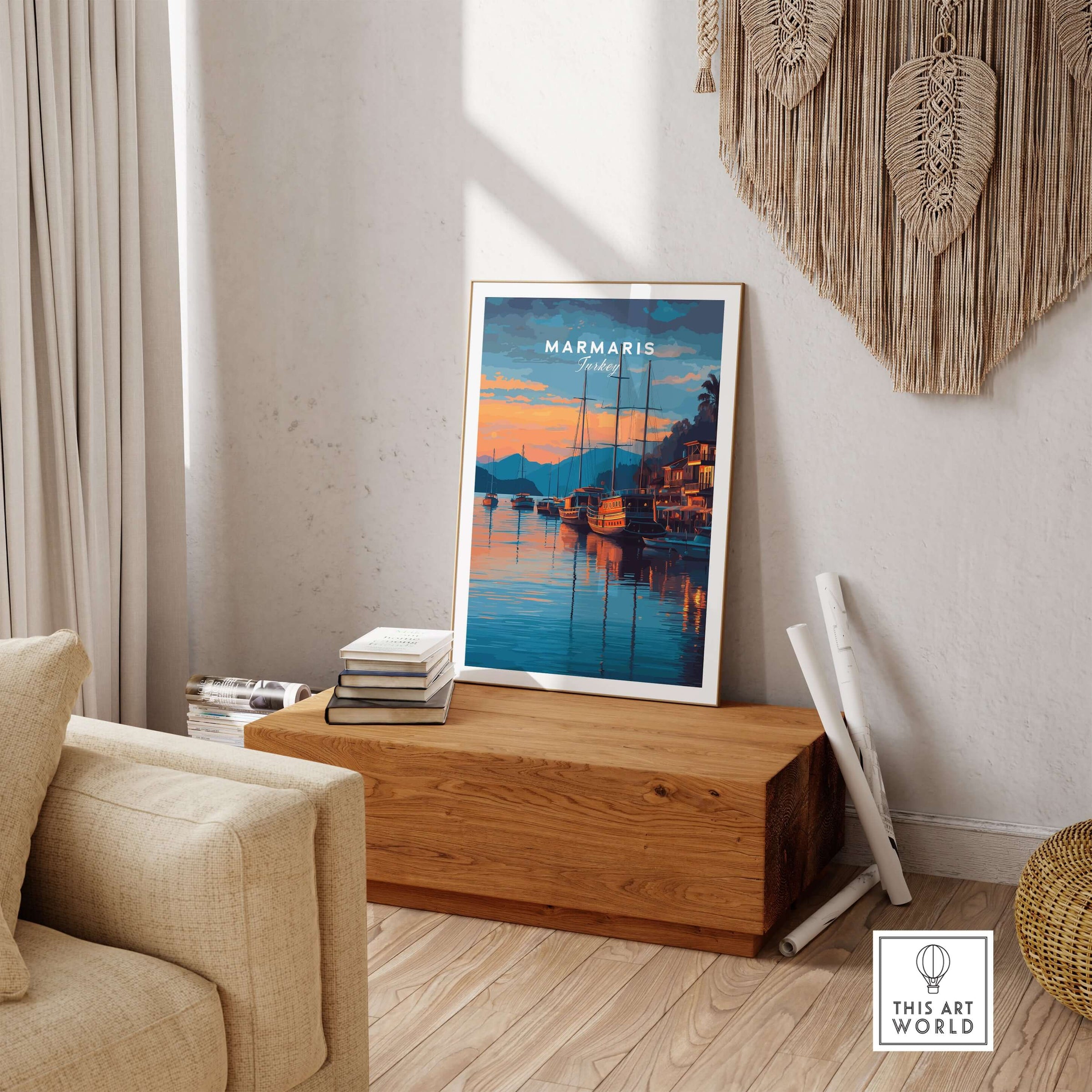 Marmaris Marina Poster - Turkish Sunset Travel Print - Yacht Wall Art displayed in a cozy living room setting.