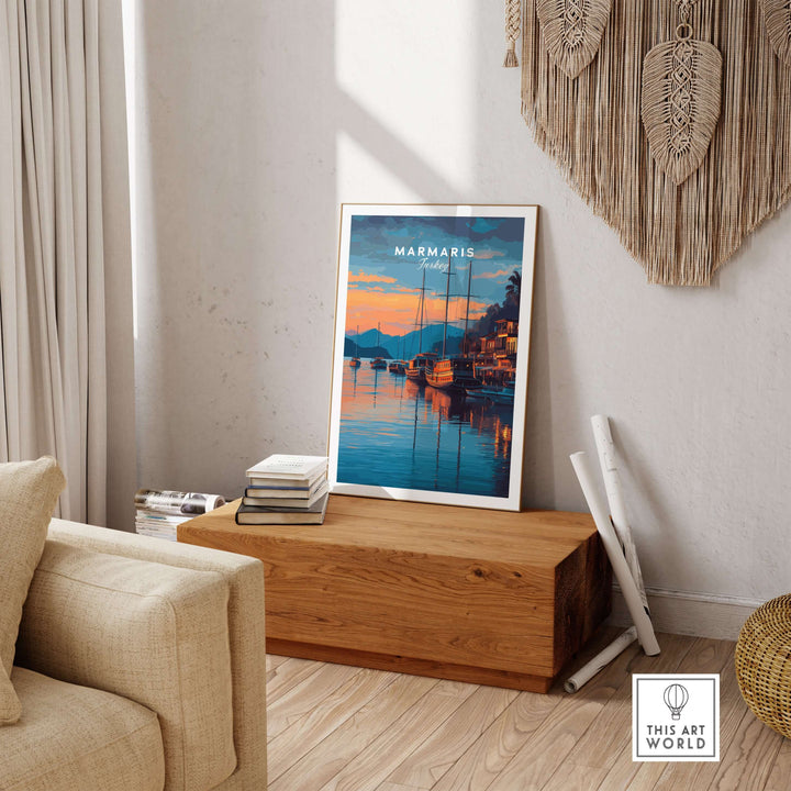 Marmaris Marina sunset poster featuring yachts and vibrant colors, displayed in a cozy living room setting.
