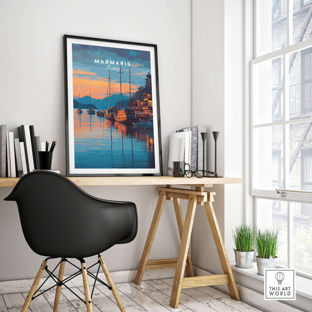 Marmaris Marina sunset poster displayed in modern workspace; vibrant colors, elegant yachts, coastal vibes.