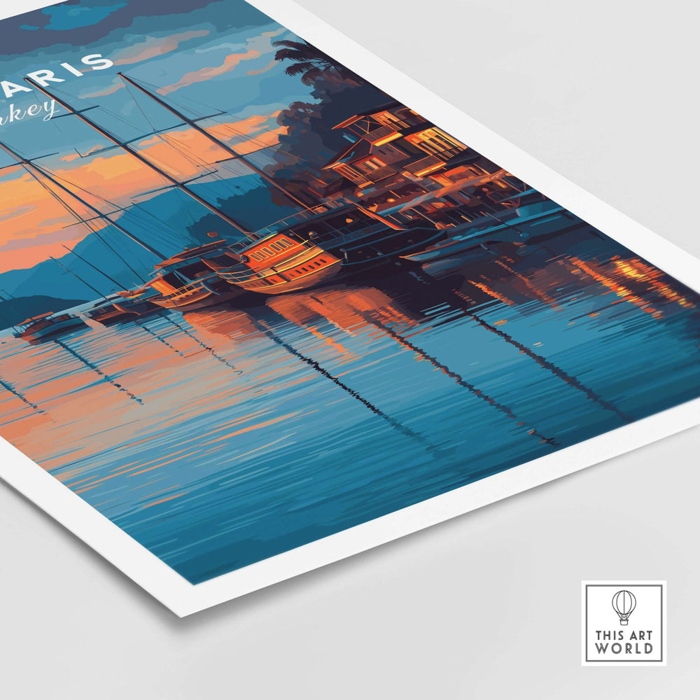 Marmaris Marina poster with yachts against a colorful sunset, perfect for travel and ocean enthusiasts.