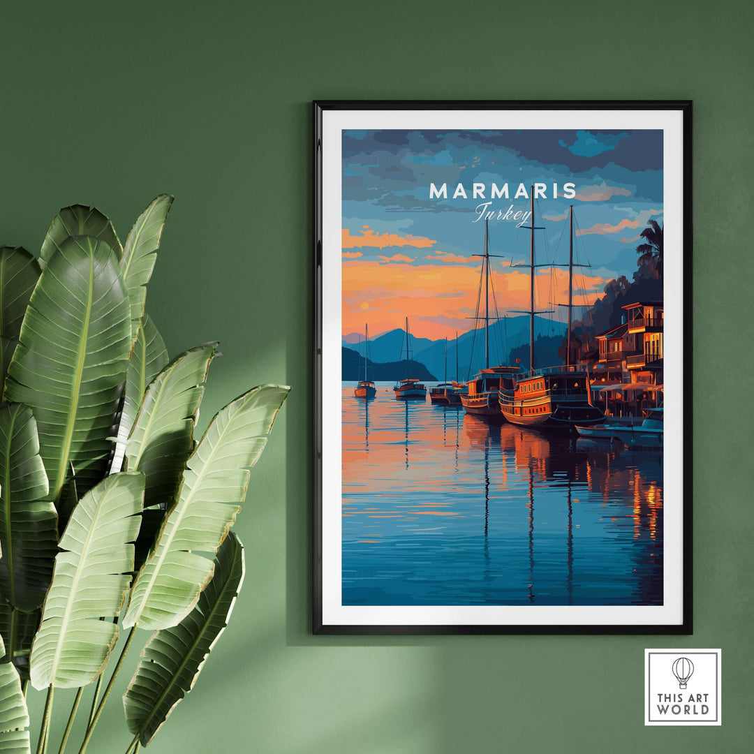 Marmaris Marina poster showcasing yachts and vibrant sunset on a green wall, ideal for travel enthusiasts.