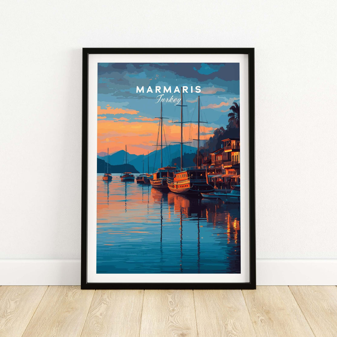 Marmaris Marina poster showing yachts at sunset in Turkey, vibrant colors and scenic coastal charm art print.