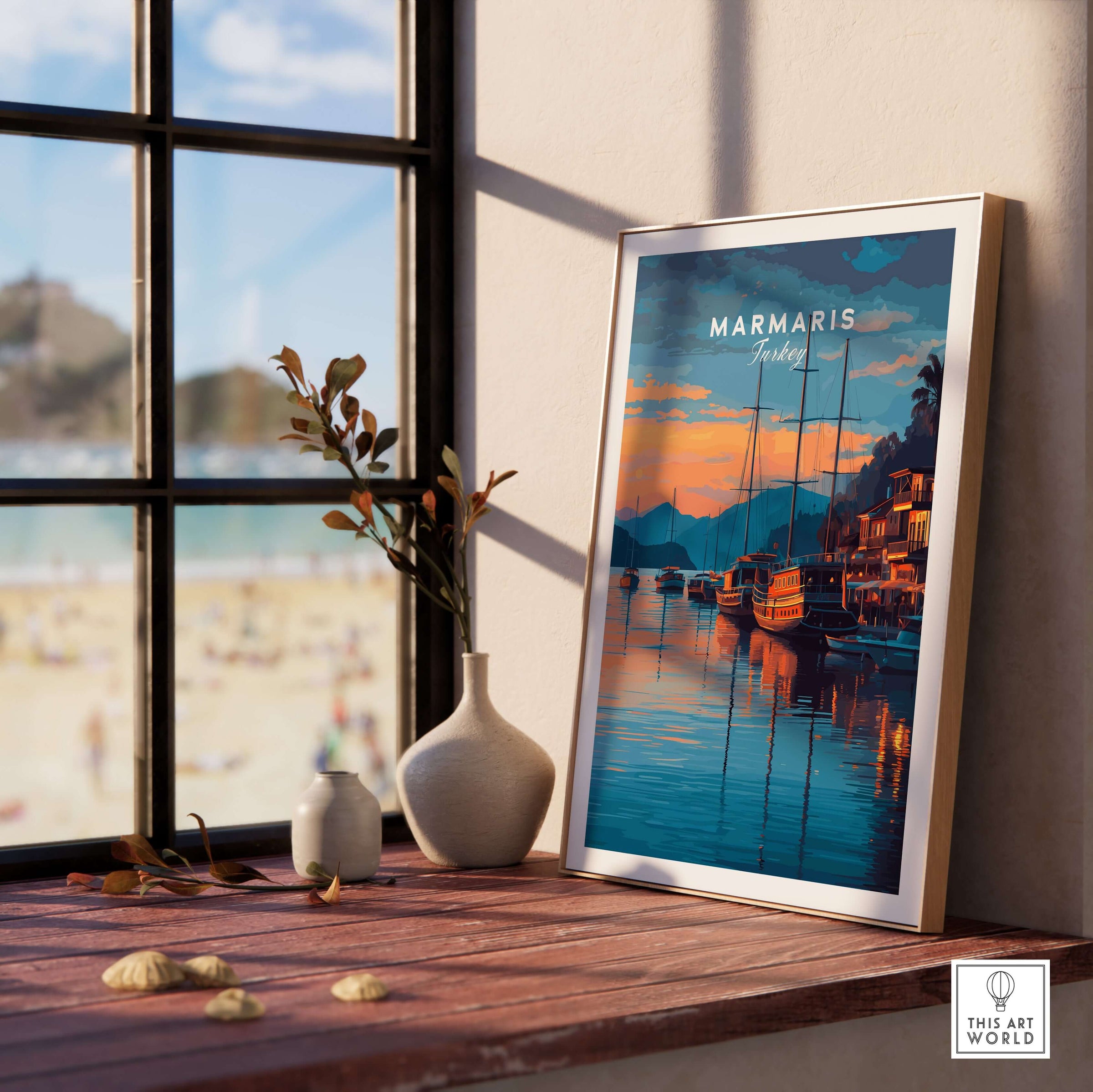 Marmaris Marina Poster - Turkish Sunset Travel Print - Yacht Wall Art displayed in a sunlit room with beach view.