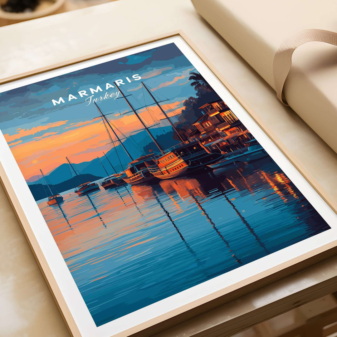 Marmaris Marina poster featuring yachts at sunset, vibrant colors and serene reflections, perfect for travel enthusiasts.
