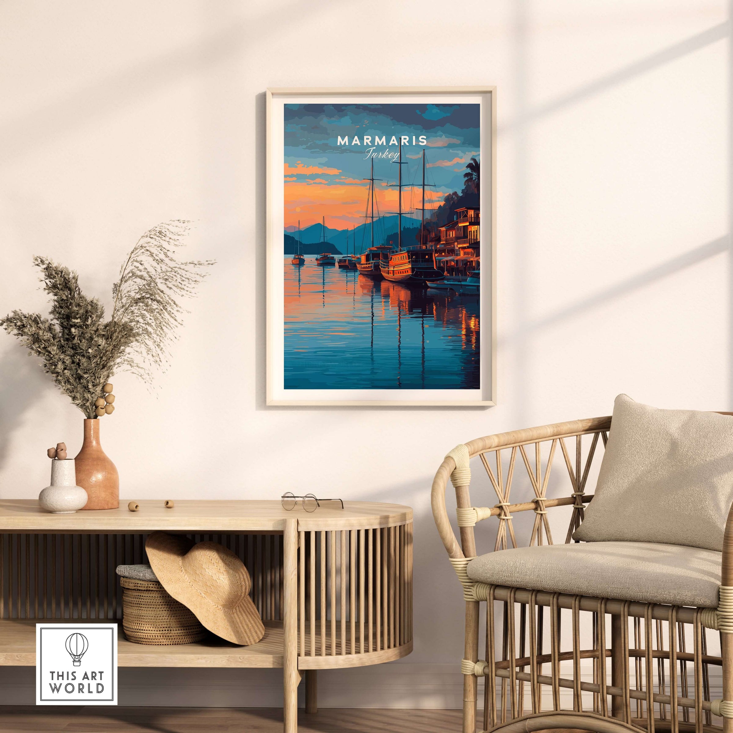 Marmaris Marina Poster - Turkish Sunset Travel Print - Yacht Wall Art in a cozy living room setting.