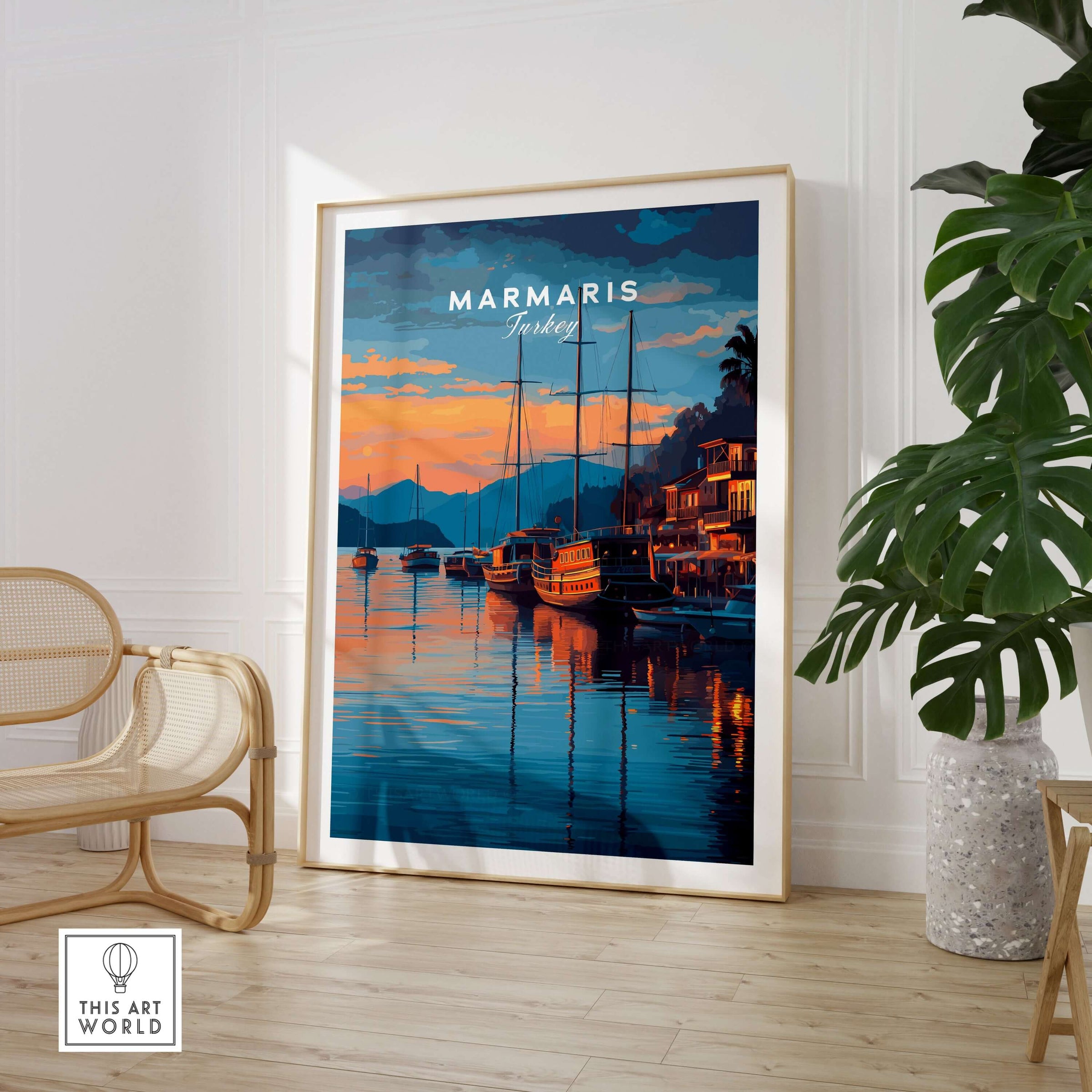 Marmaris Marina Poster - Turkish Sunset Travel Print - Yacht Wall Art displayed in a modern interior setting.