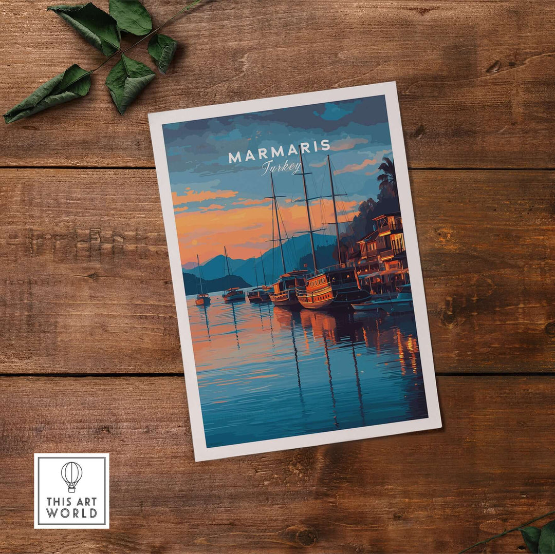 Marmaris Marina poster featuring yachts at sunset, vibrant colors reflecting on water, perfect for travel-themed decor.