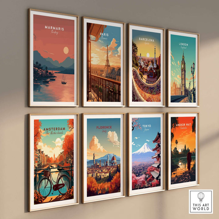 Gallery of travel posters featuring Marmaris, Paris, Barcelona, London, Amsterdam, Florence, Tokyo, and Angkor Wat.