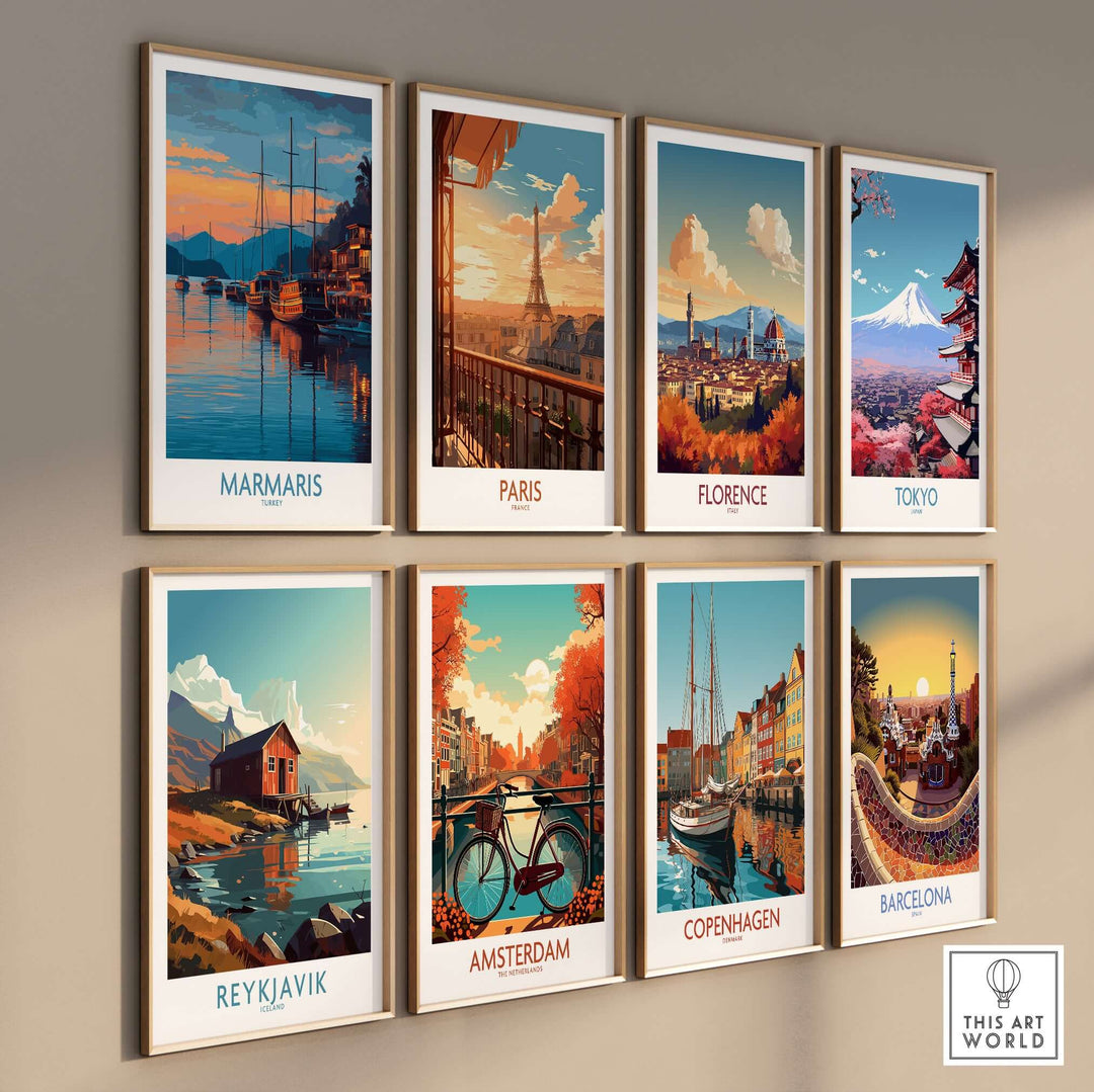 Gallery wall of illustrated travel posters featuring Marmaris, Paris, Florence, Tokyo, Reykjavik, Amsterdam, Copenhagen, and Barcelona.