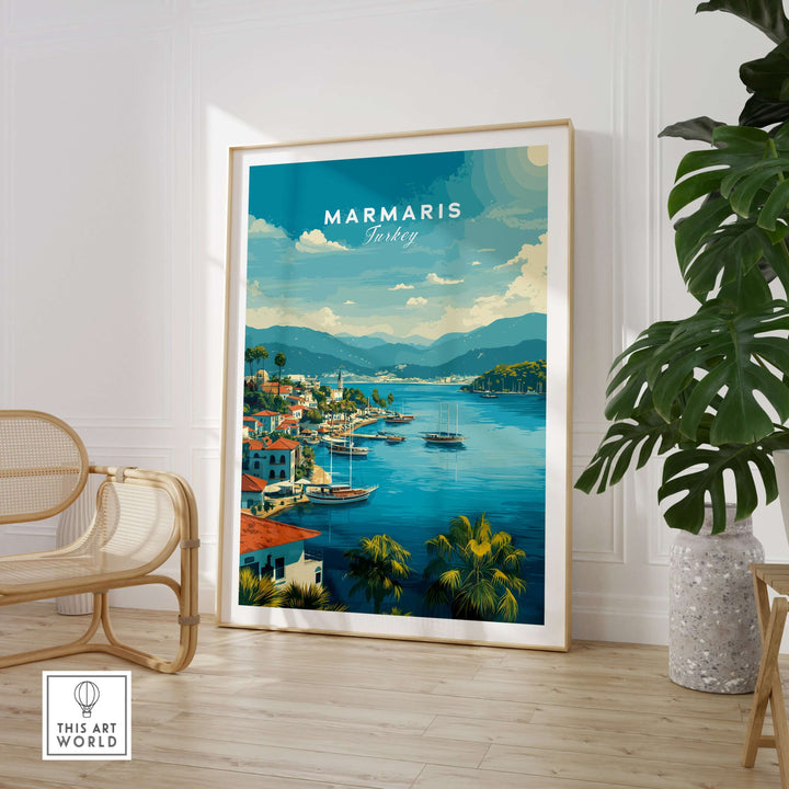 Marmaris Port art print featuring vibrant sea and mountain scenery in a stylish interior setting.