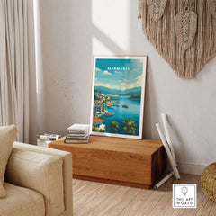 Marmaris Port Art Print - Turkish Riviera Poster - Mountain and Sea Wall Decor displayed in a cozy living room setting.