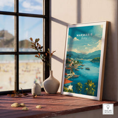Marmaris Port Art Print - Turkish Riviera Poster - Mountain and Sea Wall Decor displayed next to a window.