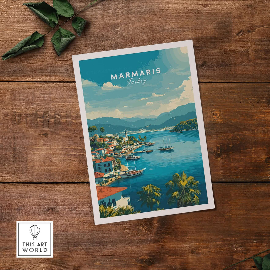 Marmaris Port art print featuring vibrant mountain and sea landscape, perfect for coastal décor.