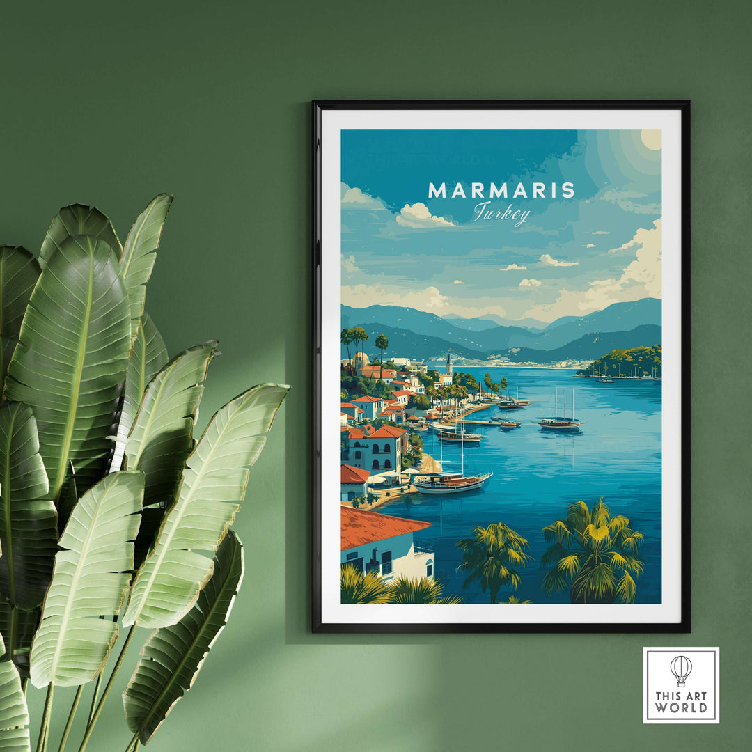 Marmaris Port art print showcasing the Turkish Riviera's mountain and sea scenery, framed and displayed on a green wall.