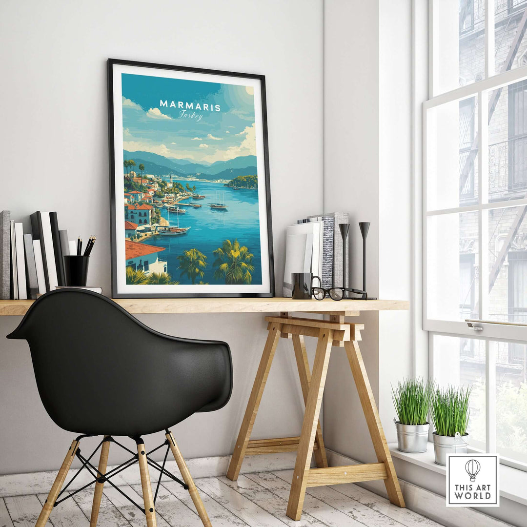 Marmaris Port art print in a stylish workspace, showcasing the Turkish Riviera's scenic coastal beauty.