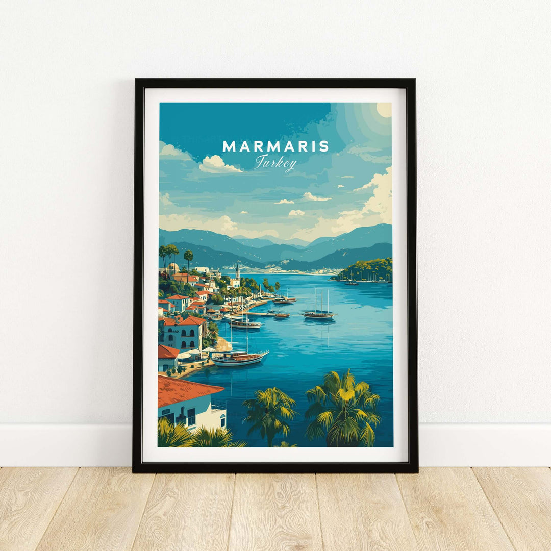 Marmaris Port art print featuring vibrant mountain and sea scenery in a stylish black frame.