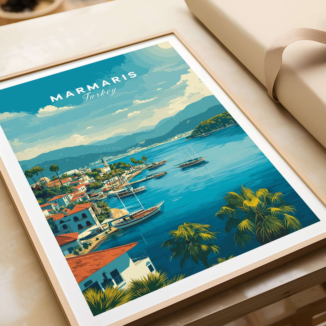 Marmaris Port art print featuring vivid mountains and sea, perfect wall decor for coastal charm.