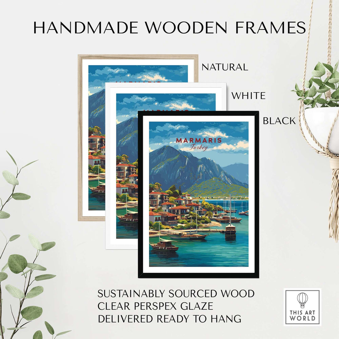 Marmaris poster in handmade wooden frames: natural, white, and black options for wall art.