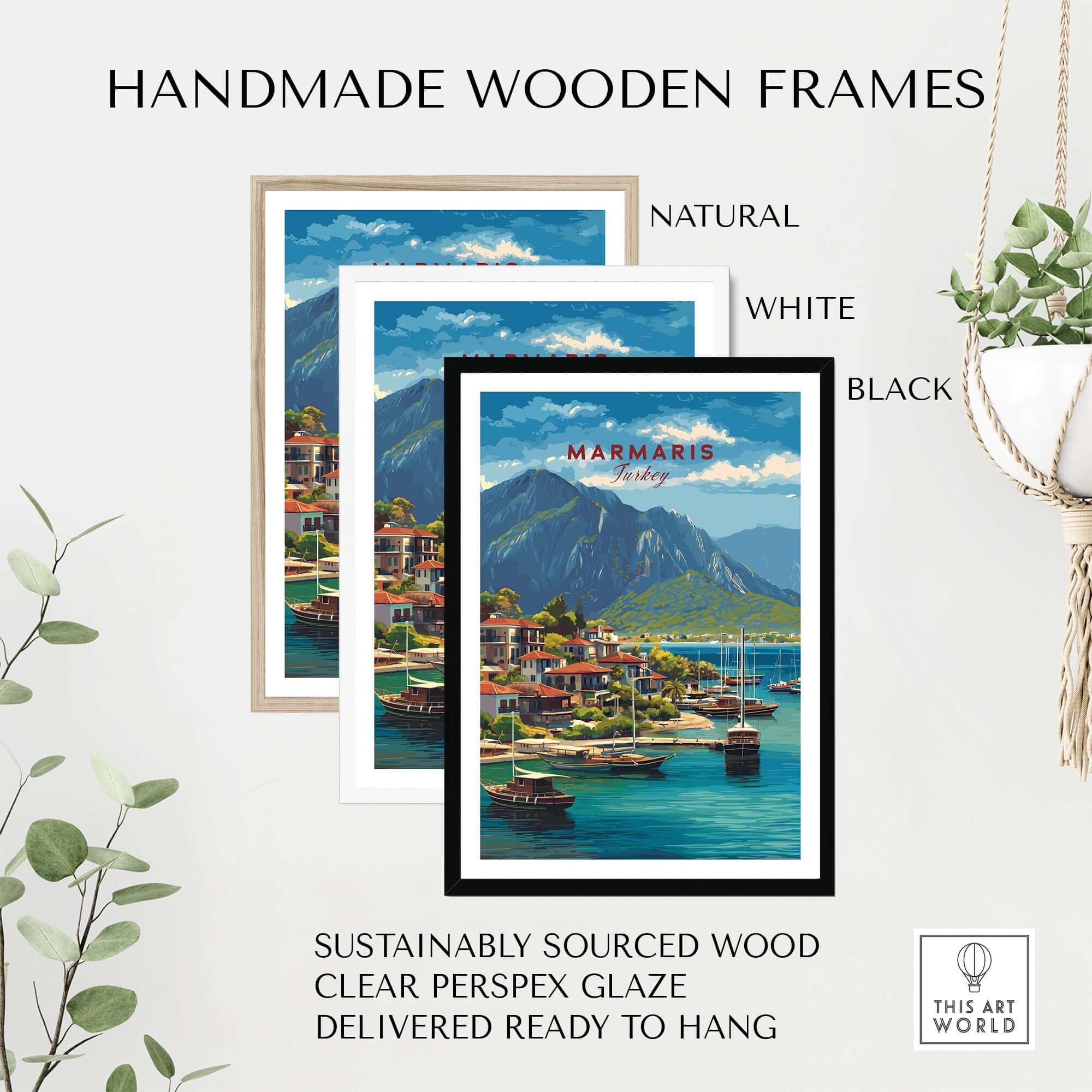 Marmaris Poster - Turkey Sailboat Wall Art - Mountain View Travel Print in handmade wooden frames.