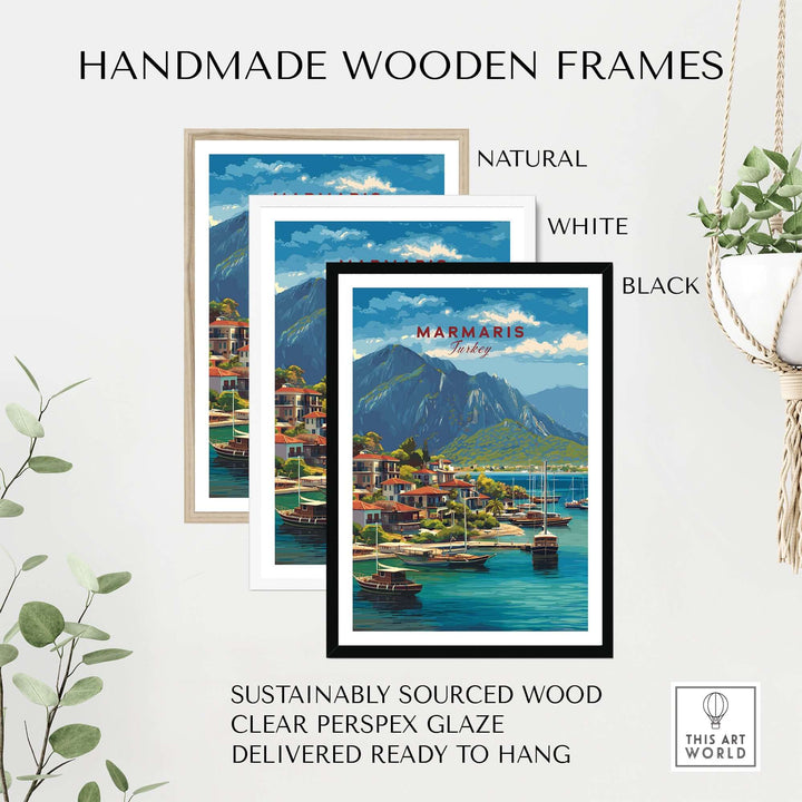Marmaris poster in handmade wooden frames: natural, white, and black options for wall art.