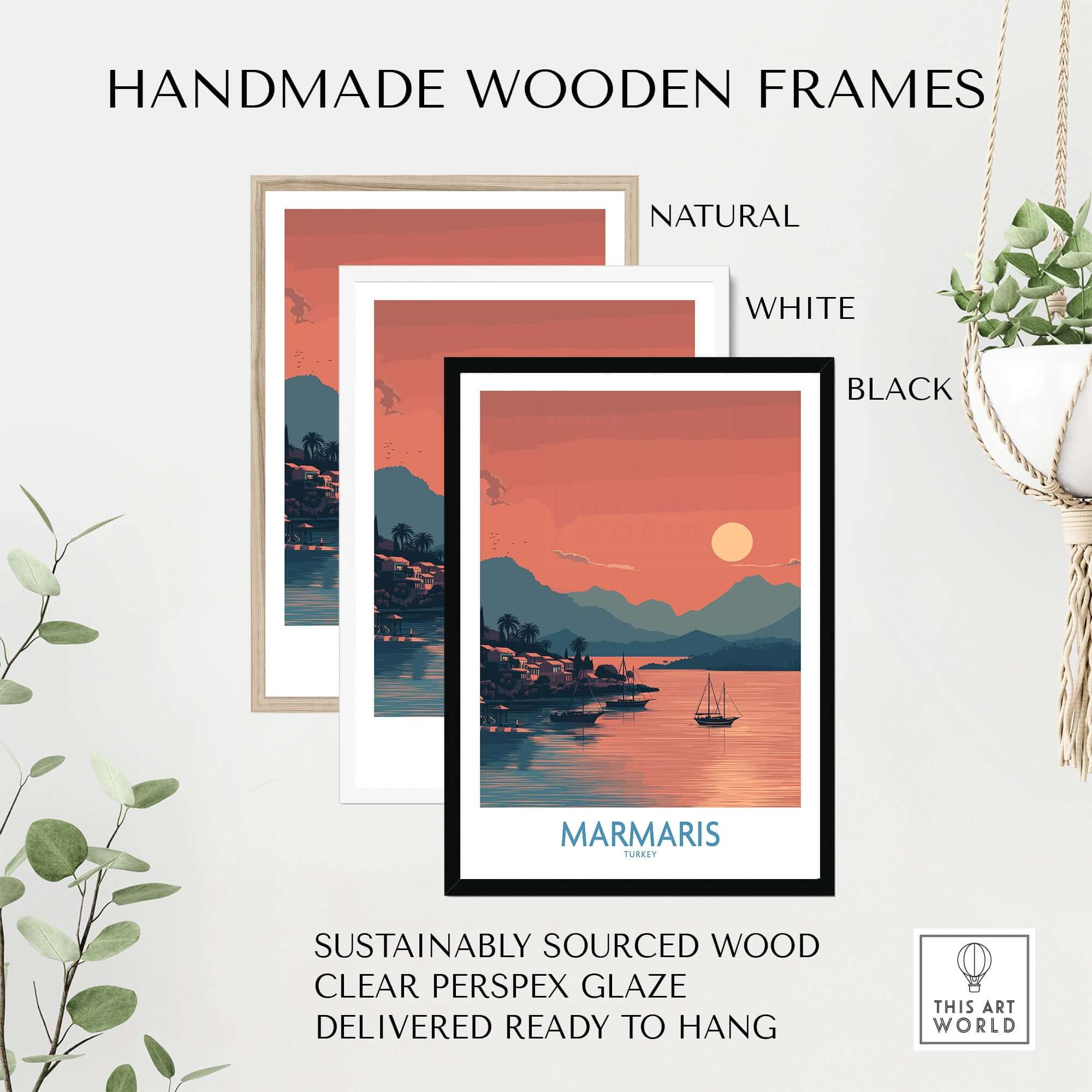 Marmaris Poster - Turkey Art Print - Sunset Coastal Wall Decor framed in natural, white, and black wooden frames.