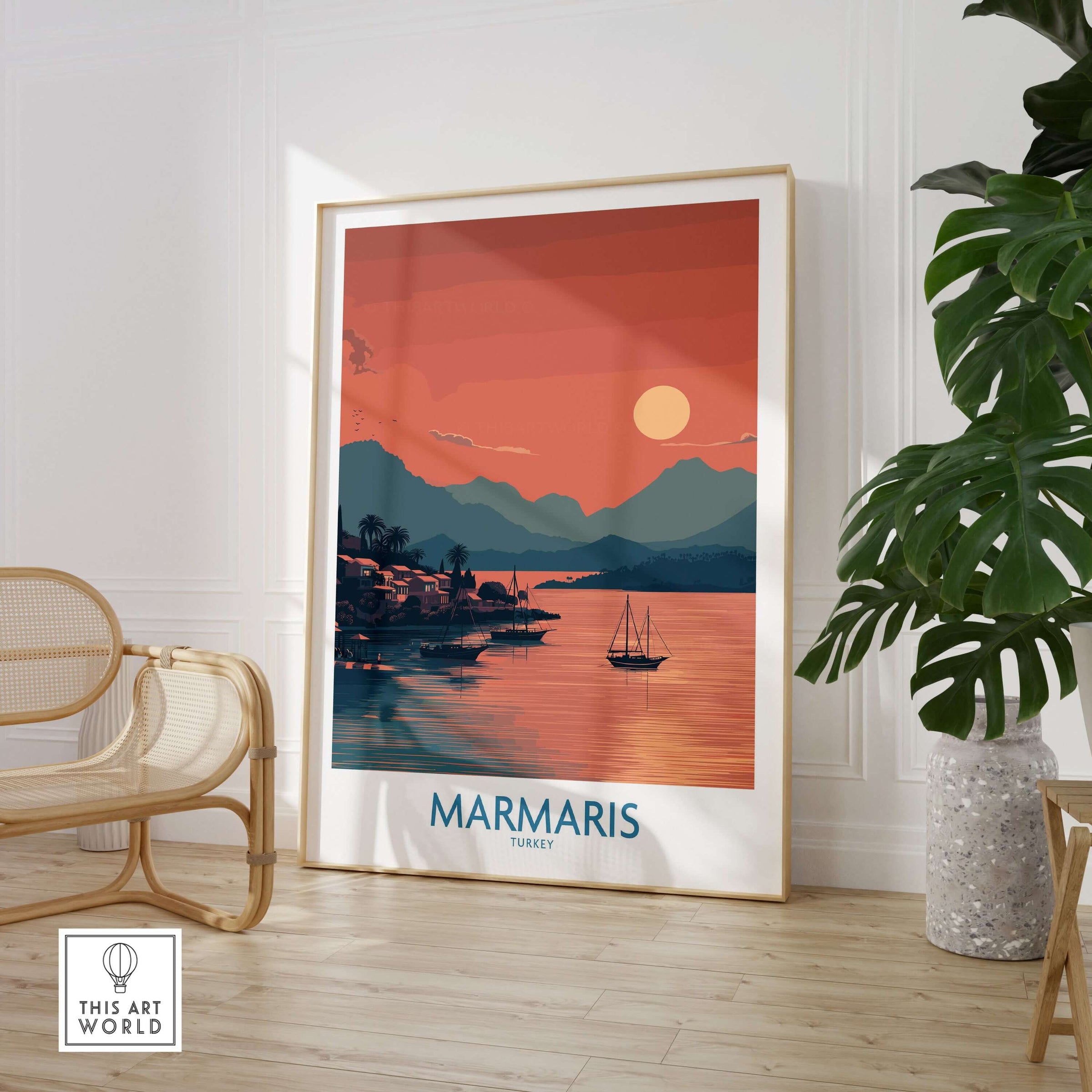 Marmaris Poster - Turkey Art Print - Sunset Coastal Wall Decor featuring a sunset over a tranquil coastline.