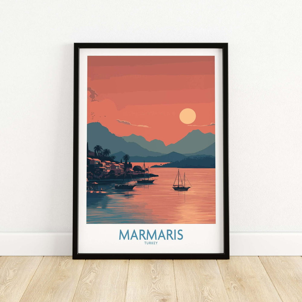 Marmaris sunset coastal art print, featuring serene waters and mountains, perfect wall decor for beach lovers.