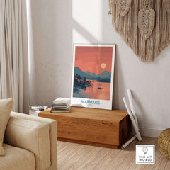 Marmaris Poster - Turkey Art Print - Sunset Coastal Wall Decor displayed in a cozy living room setting.