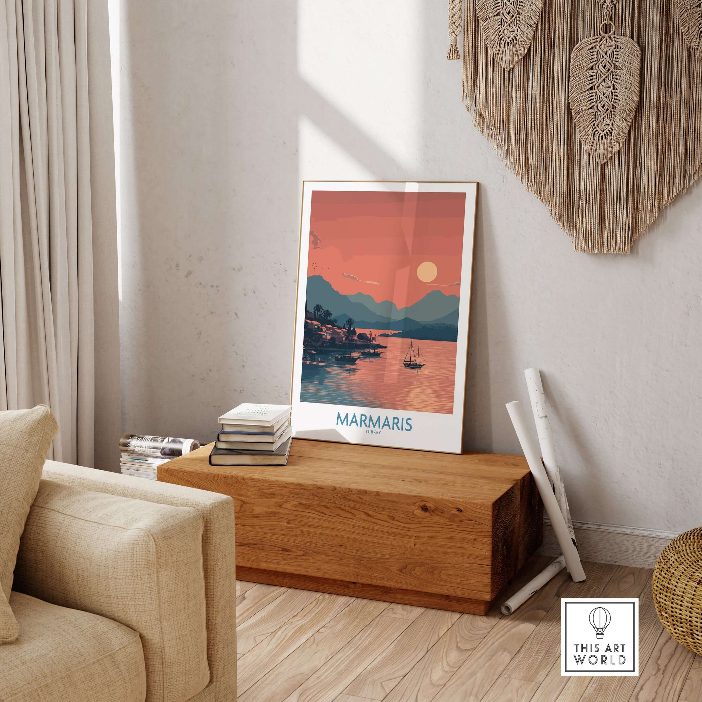 Marmaris Poster - Turkey Art Print - Sunset Coastal Wall Decor displayed in a cozy living room setting.