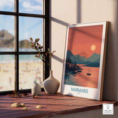 Marmaris Poster - Turkey Art Print - Sunset Coastal Wall Decor displayed in a cozy interior with beach view.