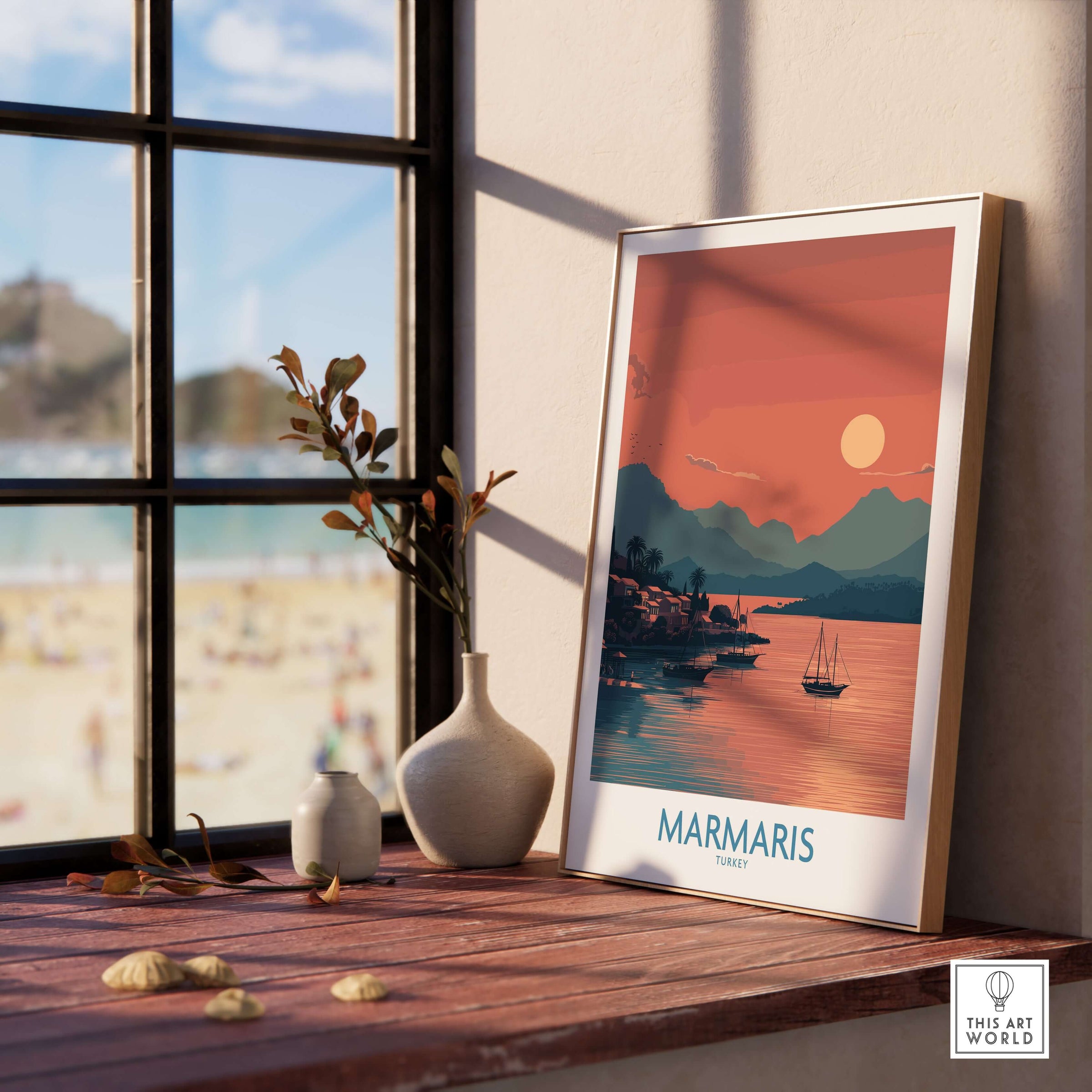 Marmaris Poster - Turkey Art Print - Sunset Coastal Wall Decor displayed in a cozy interior with beach view.