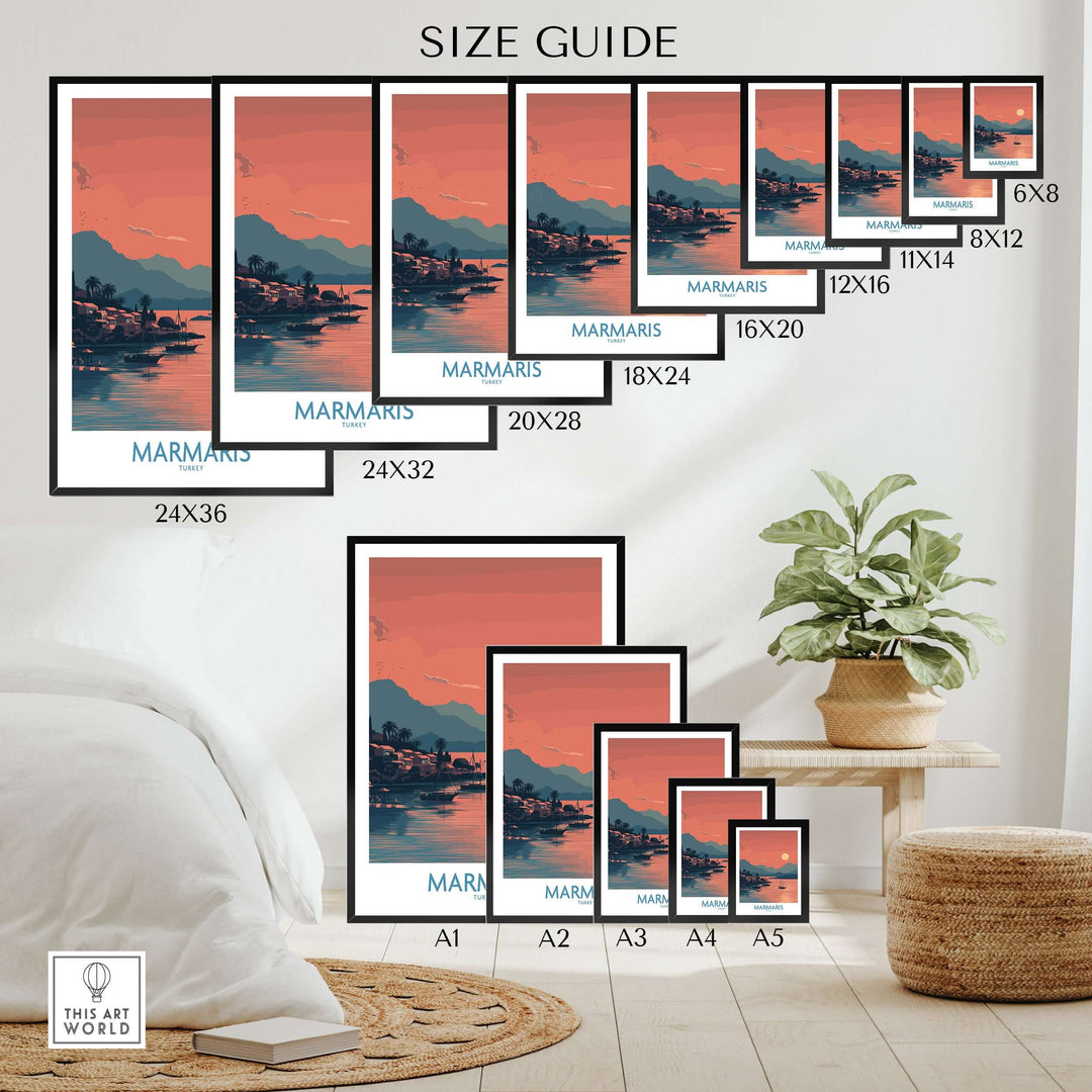 Marmaris poster size guide showcasing various dimensions for an art print featuring a sunset coastal scene.